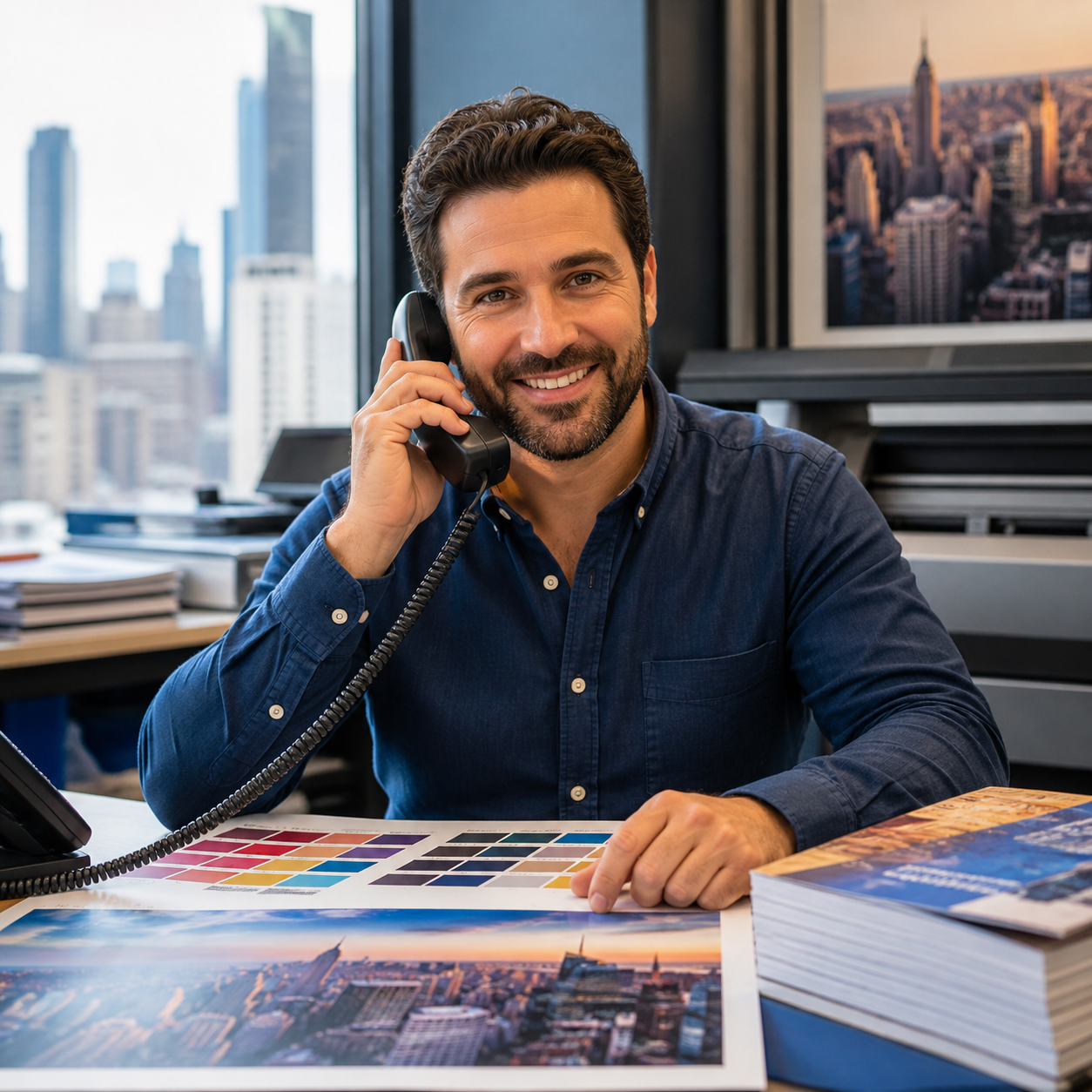 Print shop specialist supporting a customer