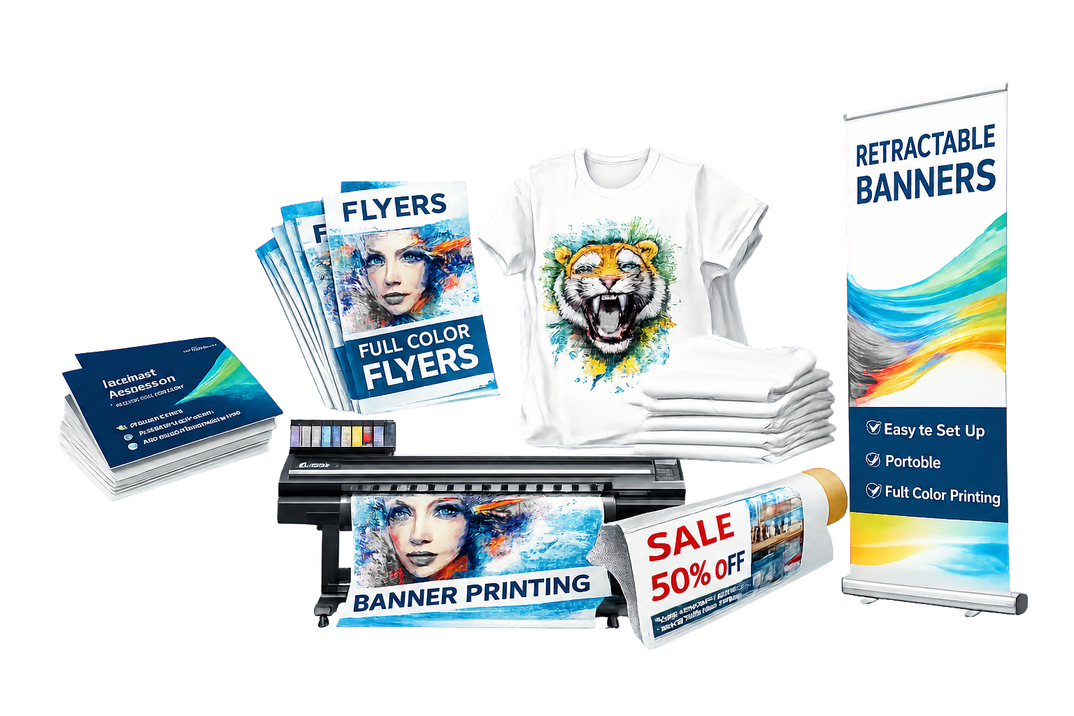 Business cards, flyers, shirts, banners and printing equipment