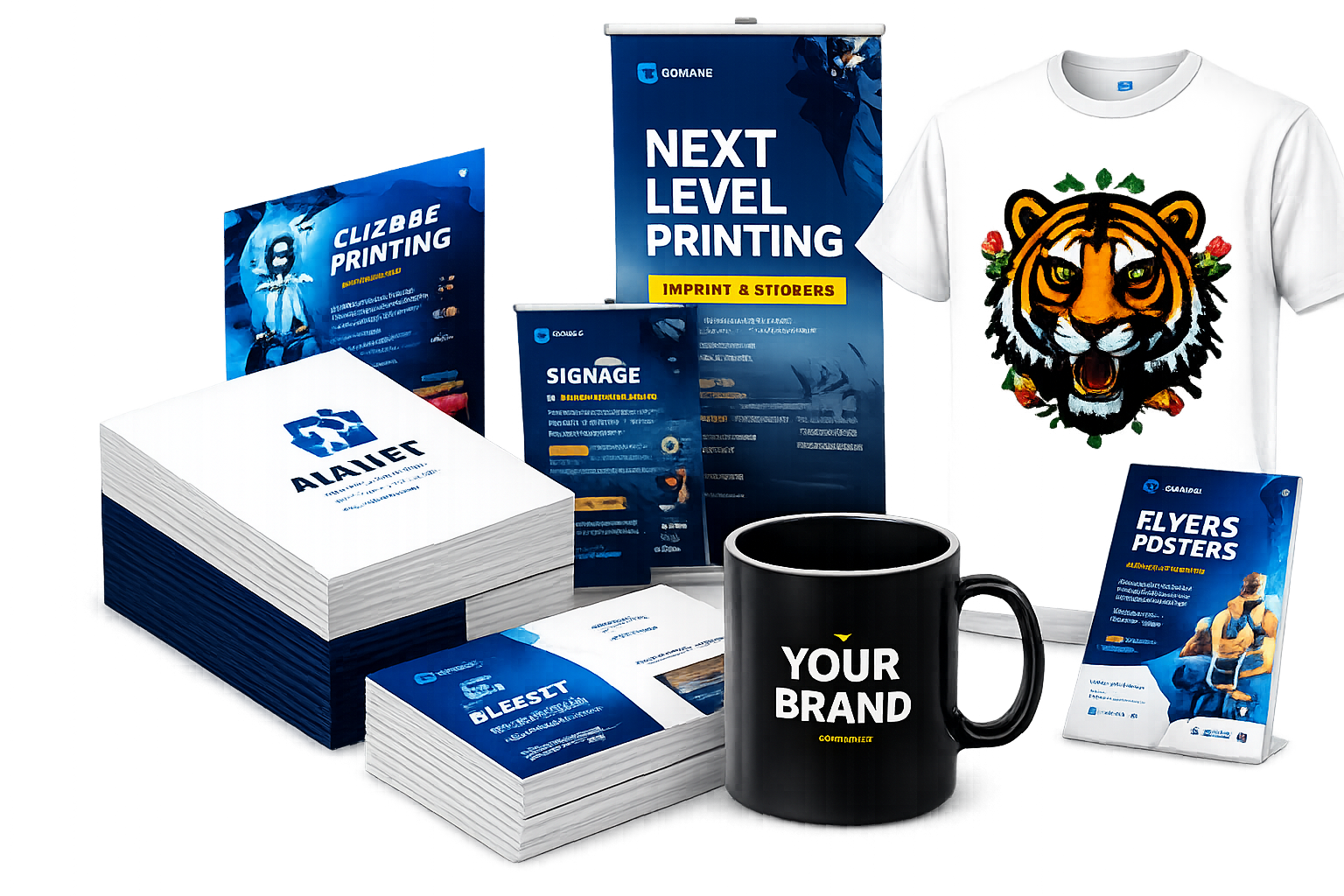 Print products including banners, shirts, flyers and business cards